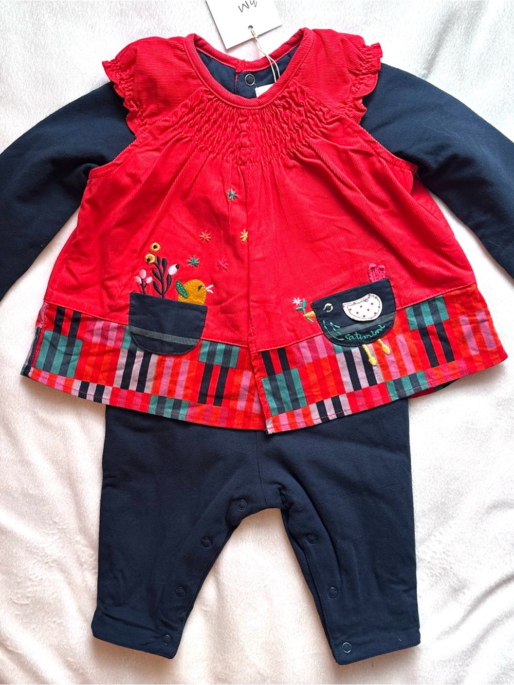 CATIMINI Baby Girl Birds Navy Red Corduroy Romper Dress One Pc Outfit Jumper 3M